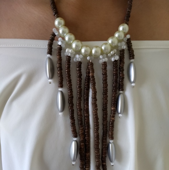 Handmade Pearl Wooden Natural Statement Necklace - Picture 4 of 4
